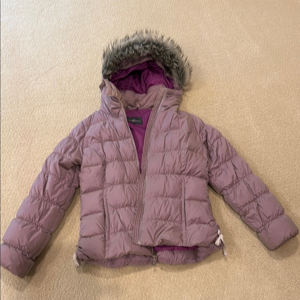 Women’s Purple Puffer Jacket with Faux Fur Hood